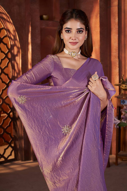 Fandy Satin Silk allover Beautiful Beads & Pipe Hand Work Saree