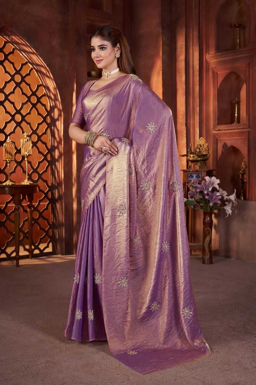 Fandy Satin Silk allover Beautiful Beads & Pipe Hand Work Saree