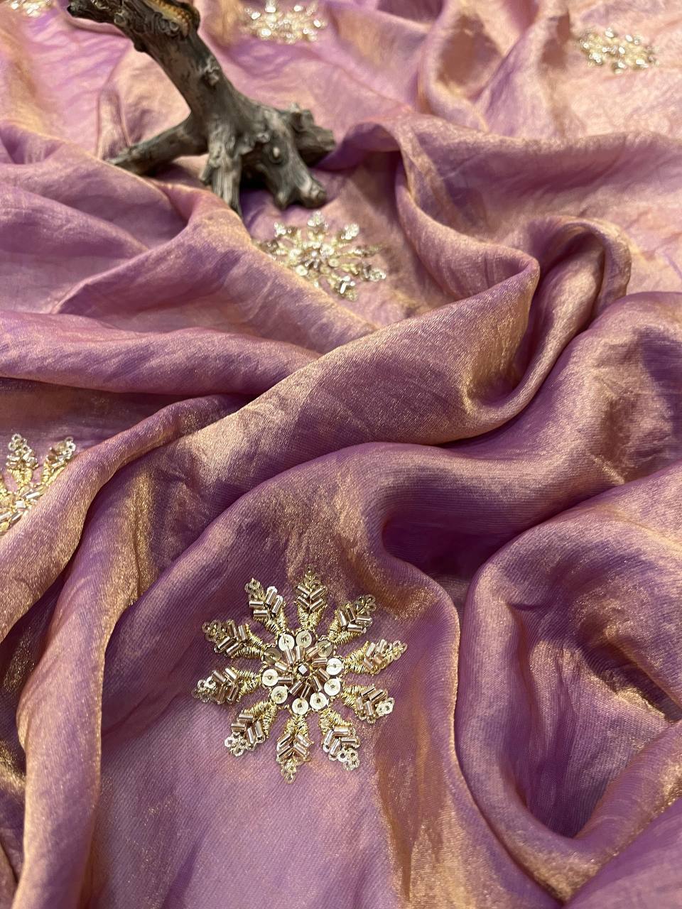 Fandy Satin Silk allover Beautiful Beads & Pipe Hand Work Saree