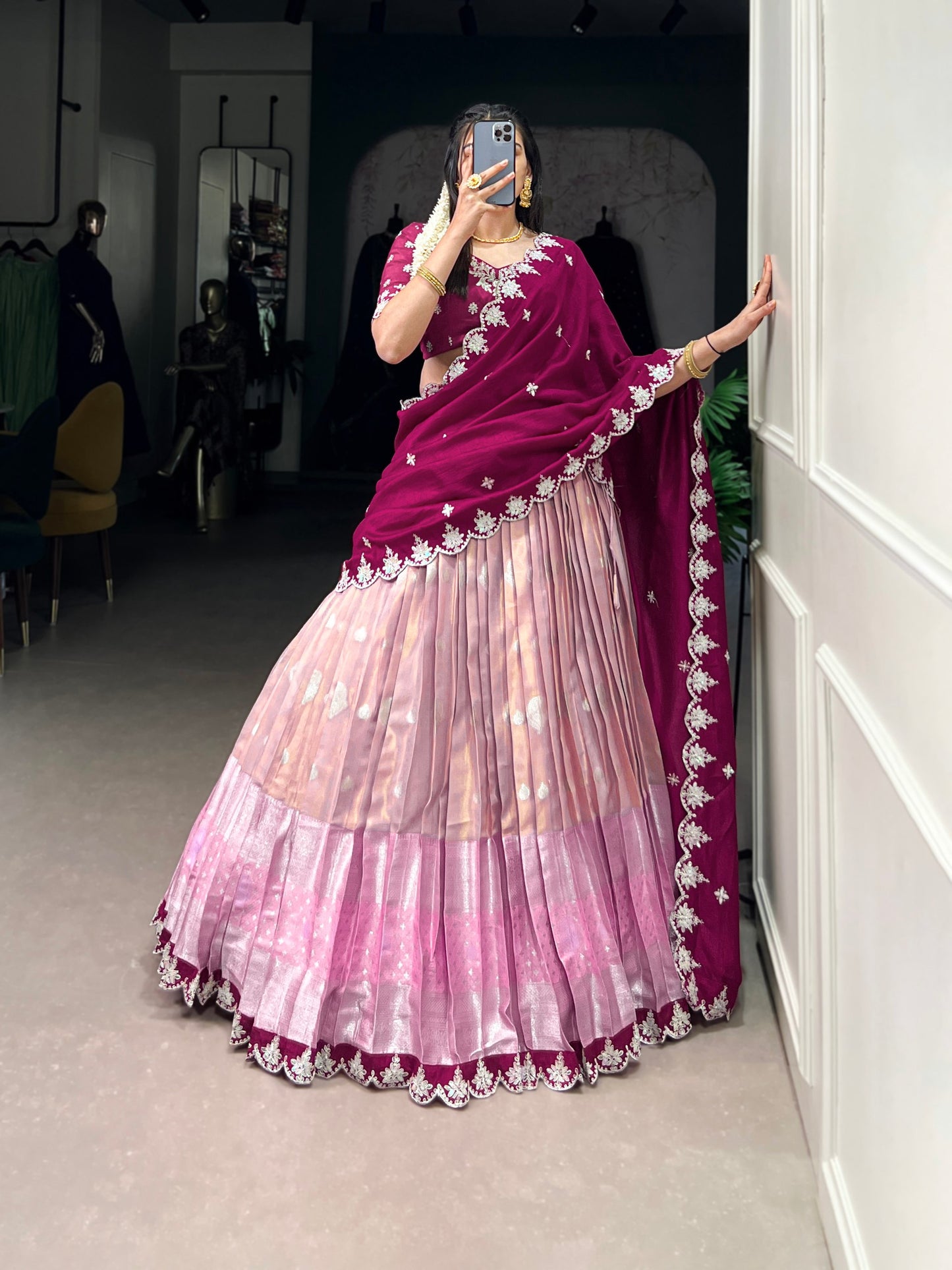 Zari Weaving Work With Sequins and Thread Embroidery Scallop Lace Border Lehenga