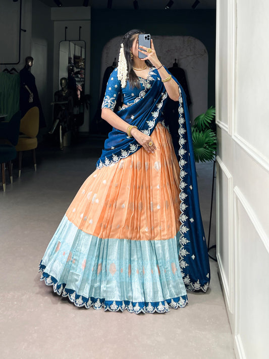 Zari Weaving Work With Sequins and Thread Embroidery Scallop Lace Border Lehenga