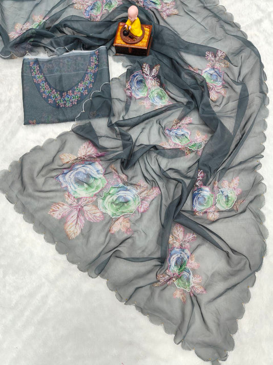 Pure Soft tabby orgenza with digital print and Khatli work Saree