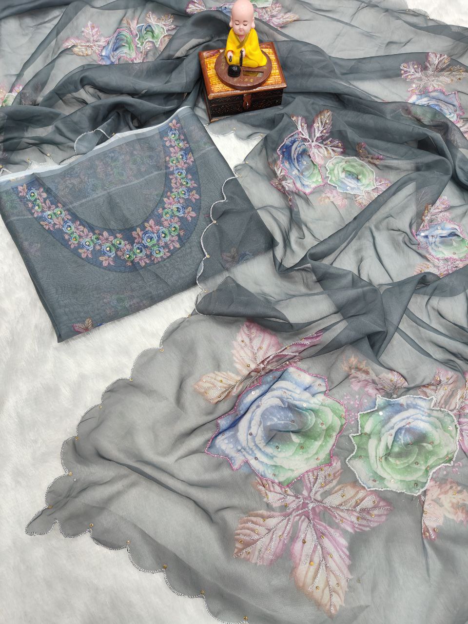 Pure Soft tabby orgenza with digital print and Khatli work Saree