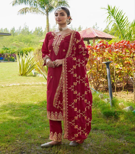 New Designer Embroidered Chinon Suit With Embroidered Work