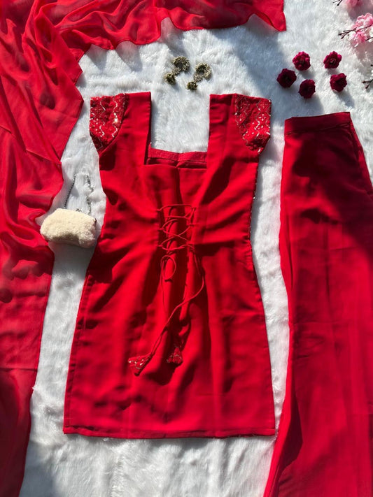 faux georgette embroidery sequencework straight cut fully stitched kurta