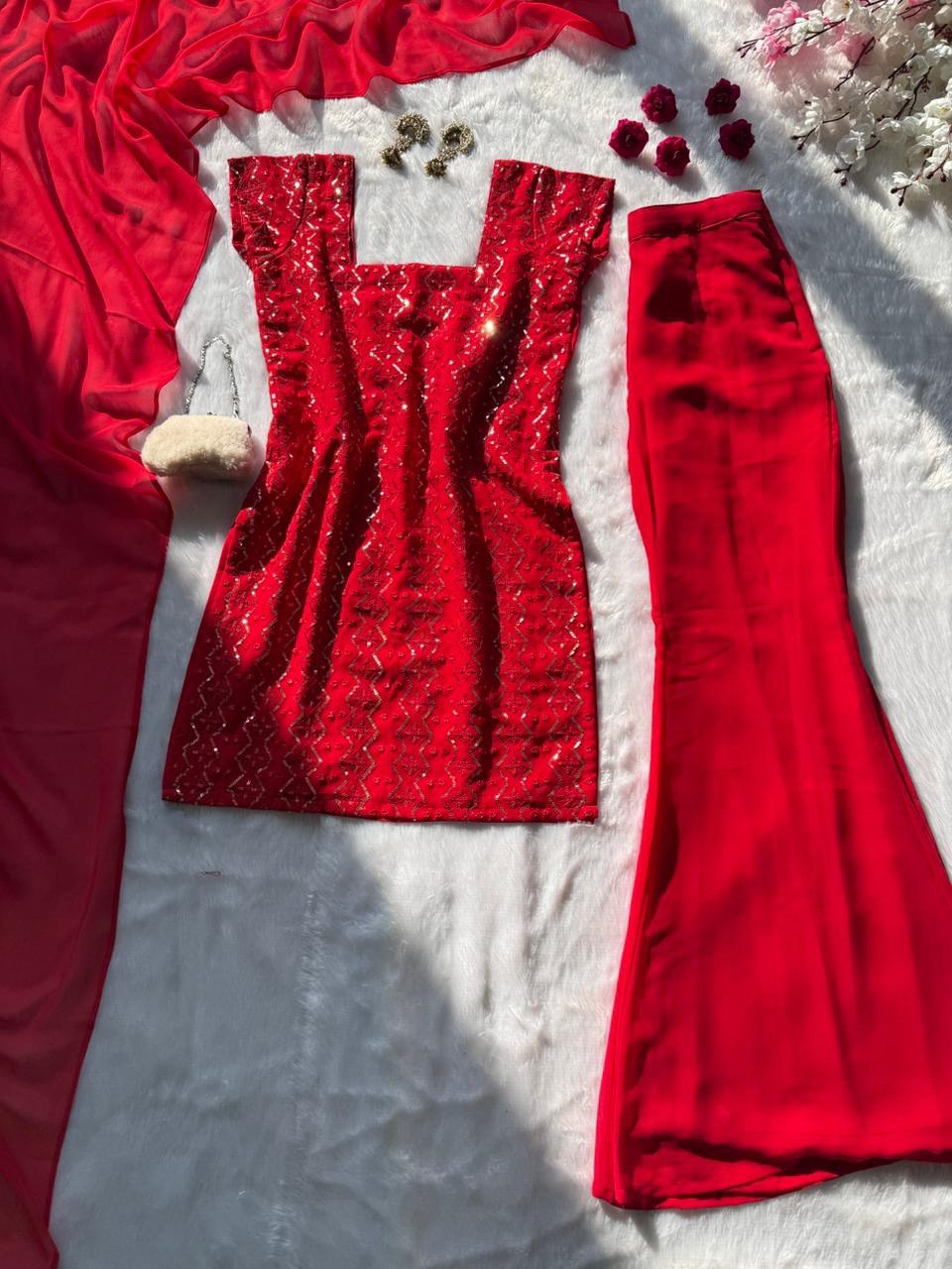 faux georgette embroidery sequencework straight cut fully stitched kurta