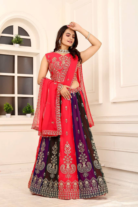 4 Multicoloured Faux gorgette silk fabric semi stiched type lehenga