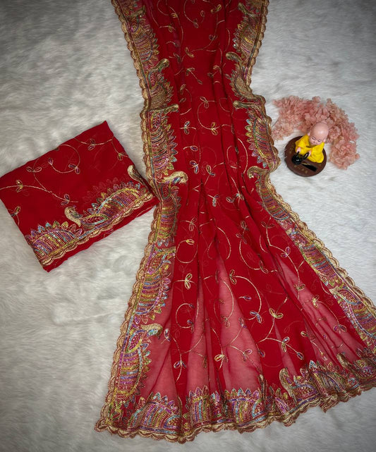 Heavy soft Georgette fabric with sequence embroidery c pallu work Saree