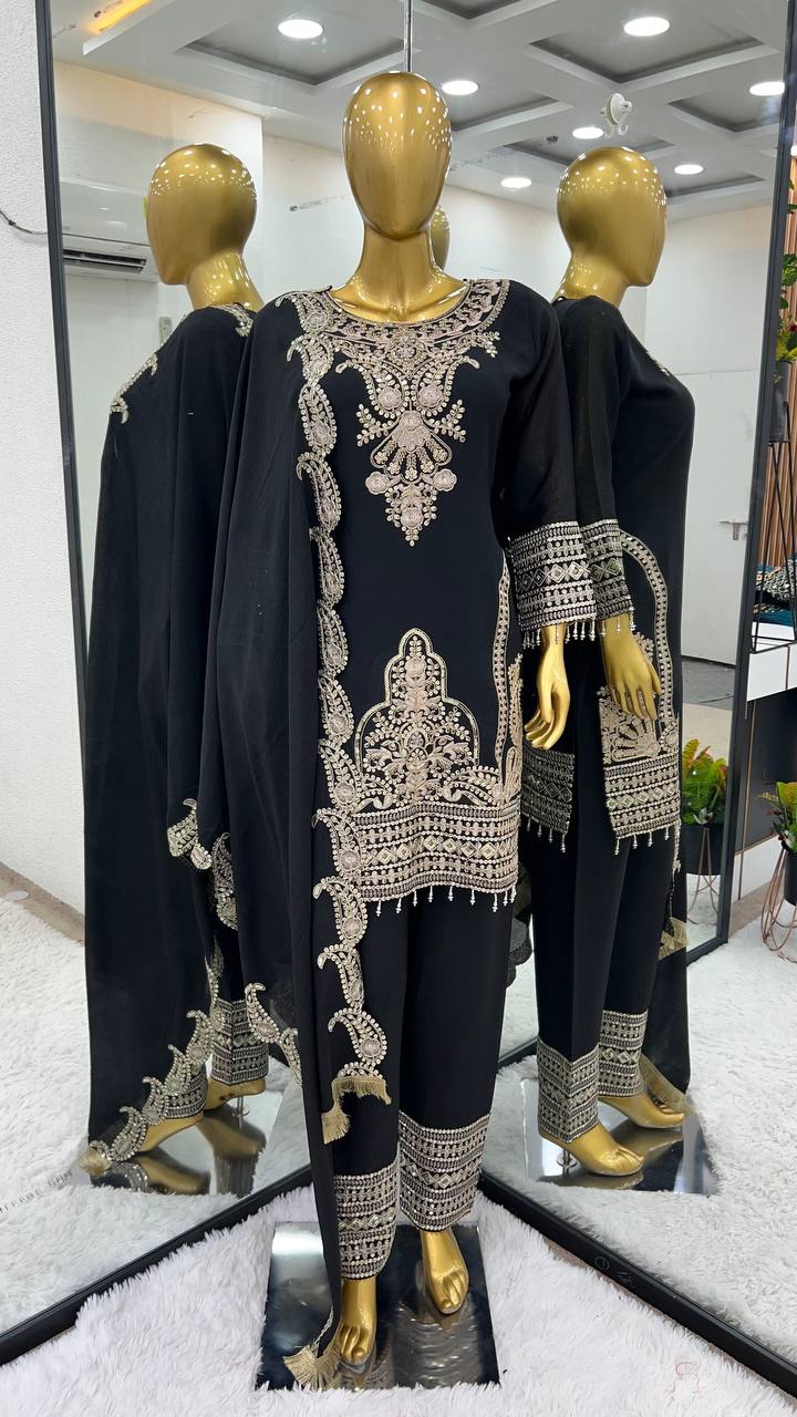 New Designer Collection In Pure Chinnon With Heavy Embroidery Sequence Work Suit