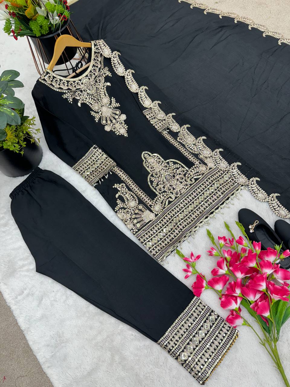 New Designer Collection In Pure Chinnon With Heavy Embroidery Sequence Work Suit