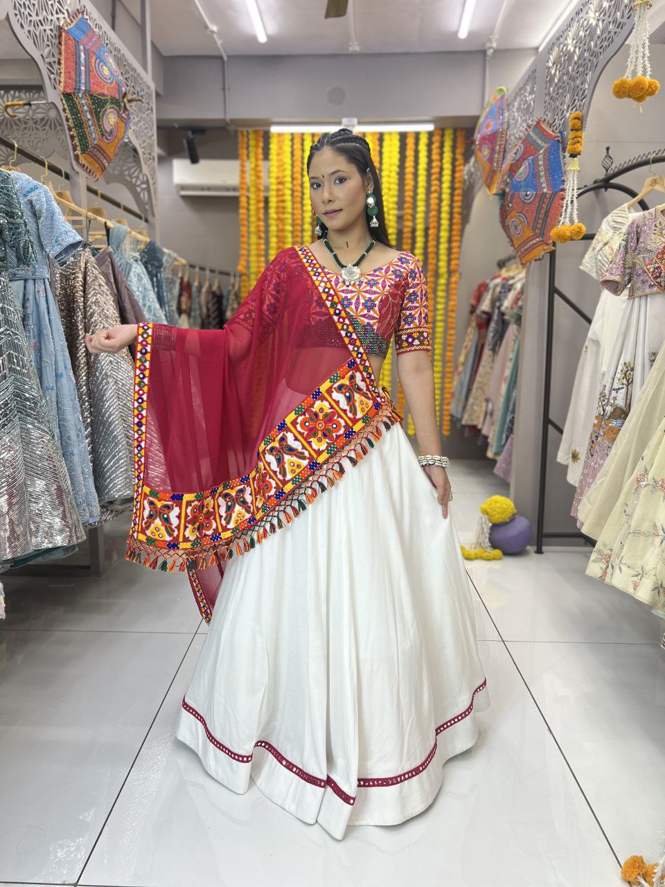 White and Green Lehenga (Full Stitched) Couple Set