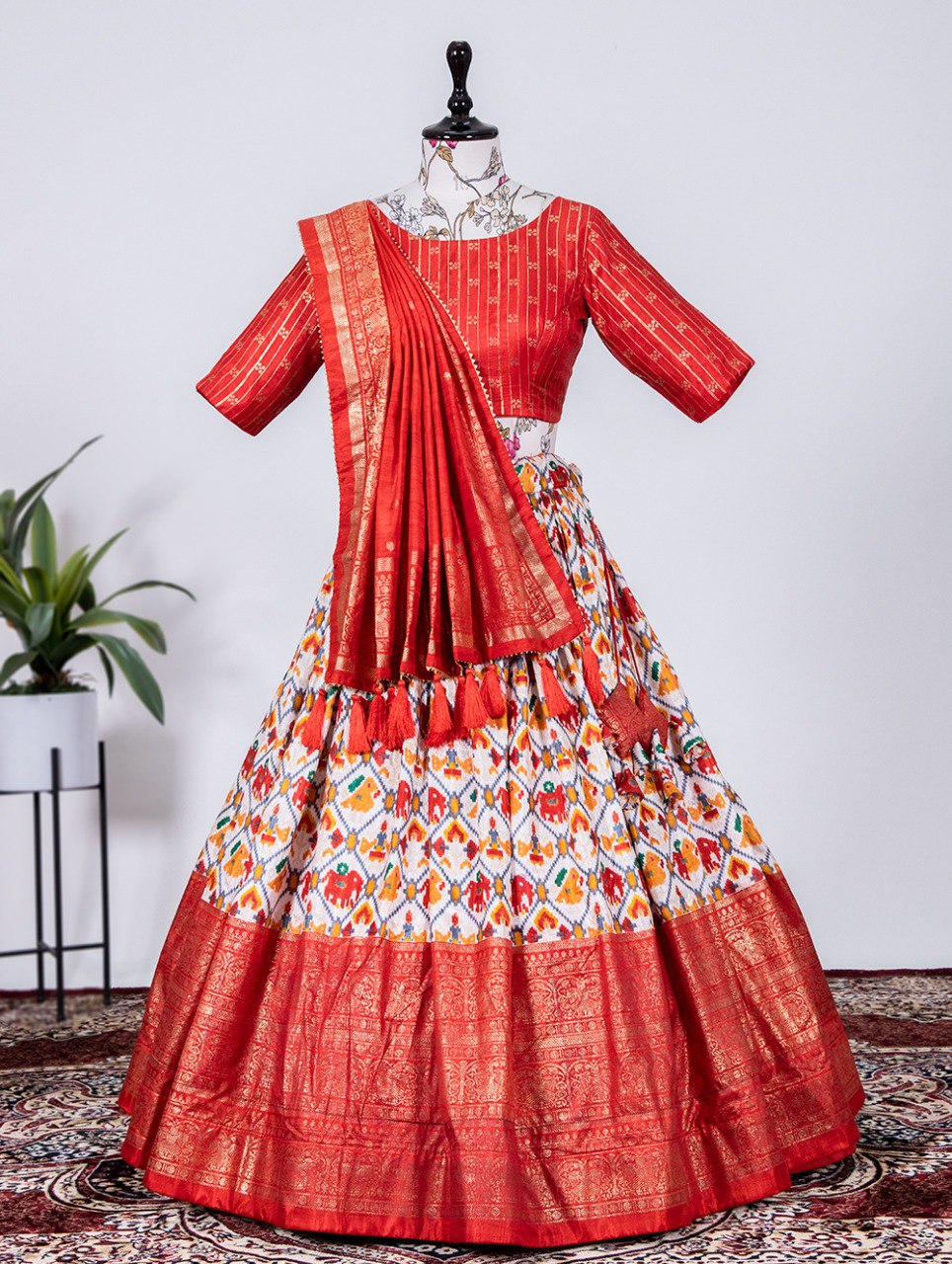 A playful medley of colors mixed with aesthetics from the classic era- this dola silk lehenga