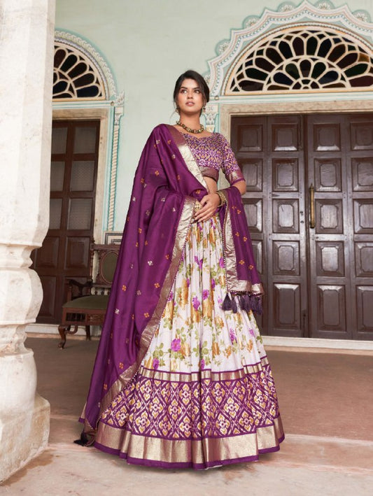 A exquisite Tussar Silk Lehenga Set with Perfect floral and patola print design