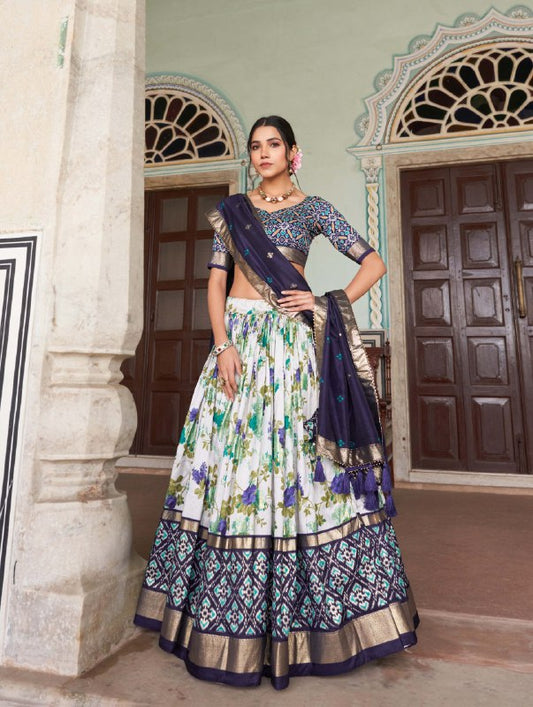 A exquisite Tussar Silk Lehenga Set with Perfect floral and patola print design