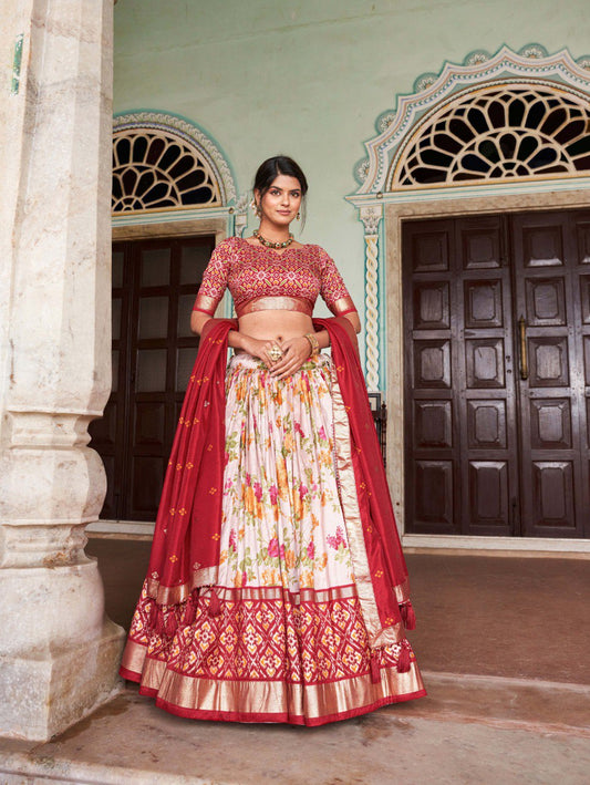 A exquisite Tussar Silk Lehenga Set with Perfect floral and patola print design