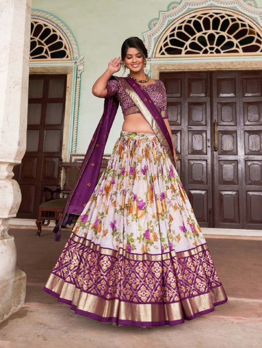 A exquisite Tussar Silk Lehenga Set with Perfect floral and patola print design