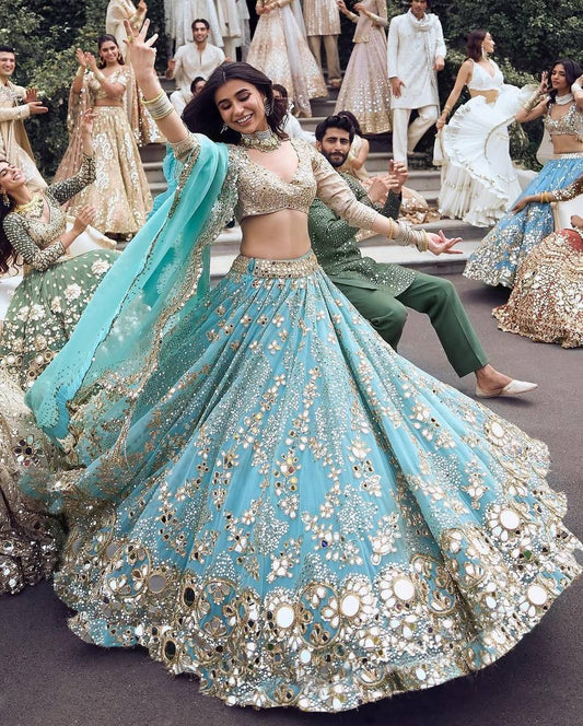 Launching 4 meter flared Fox Georgette Rea Mirror Work Lehenga