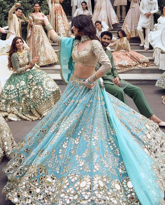 Launching 4 meter flared Fox Georgette Rea Mirror Work Lehenga