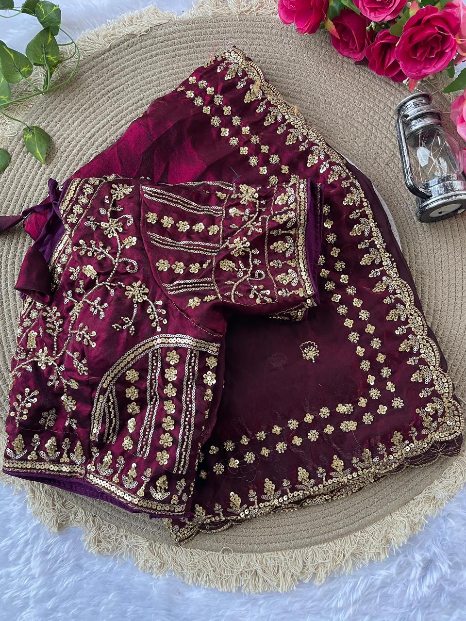 PURE SOFT FANDY SATIN SILK FABRIC IN BEAUTIFUL REAL CUT DANA SAREE