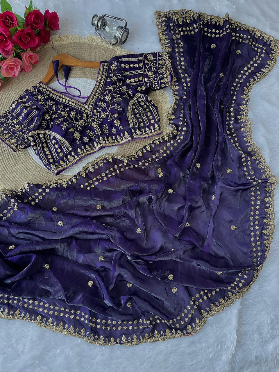 PURE SOFT FANDY SATIN SILK FABRIC IN BEAUTIFUL REAL CUT DANA SAREE