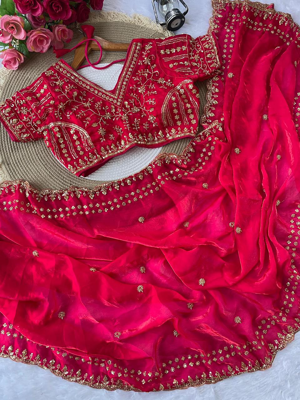 PURE SOFT FANDY SATIN SILK FABRIC IN BEAUTIFUL REAL CUT DANA SAREE