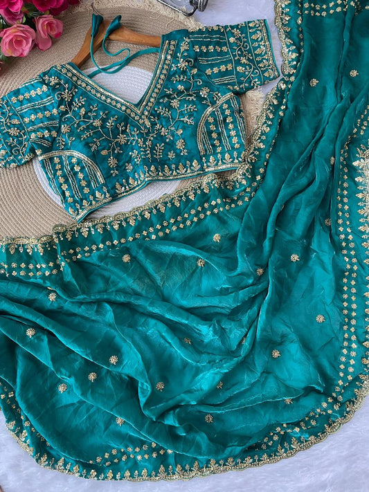 PURE SOFT FANDY SATIN SILK FABRIC IN BEAUTIFUL REAL CUT DANA SAREE