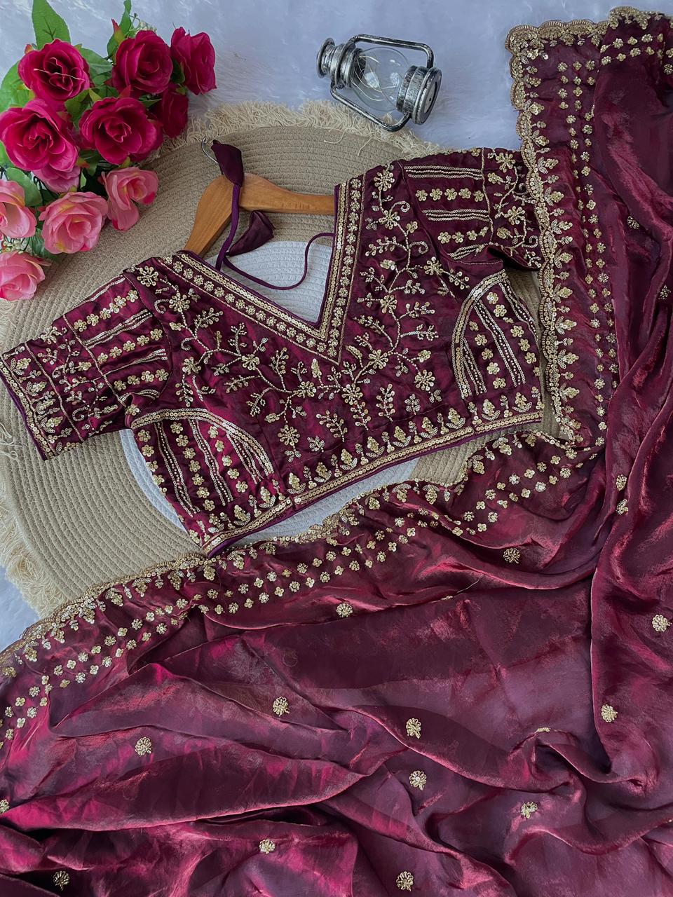 PURE SOFT FANDY SATIN SILK FABRIC IN BEAUTIFUL REAL CUT DANA SAREE