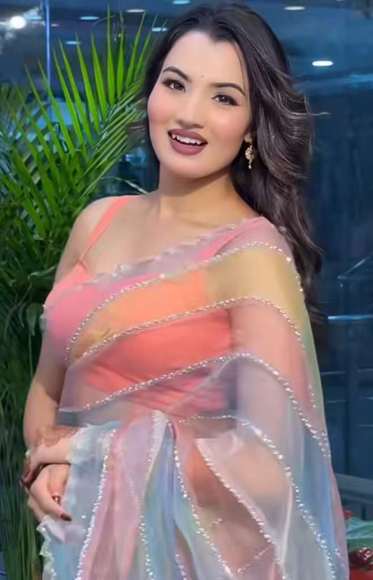 Havy Soft Tabby Organza Fabric With Beutiful Multy Prints Saree