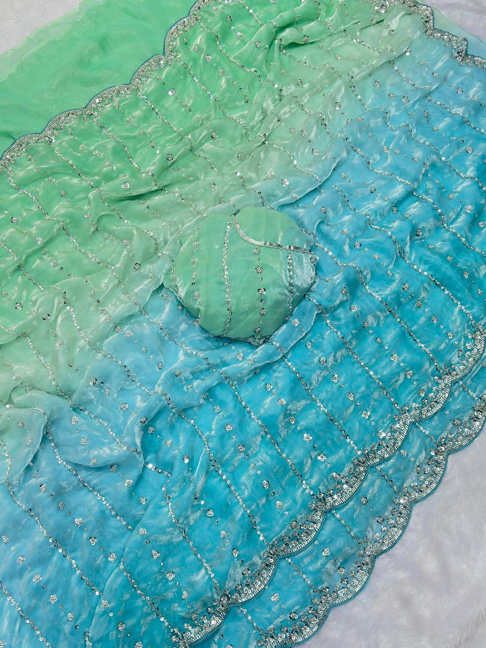 Pure Double shade Fandy Sattin Silk With Beautiful Original Beeds Work Saree