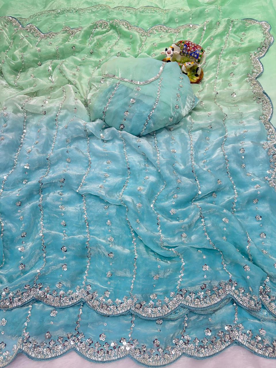 Pure Double shade Fandy Sattin Silk With Beautiful Original Beeds Work Saree