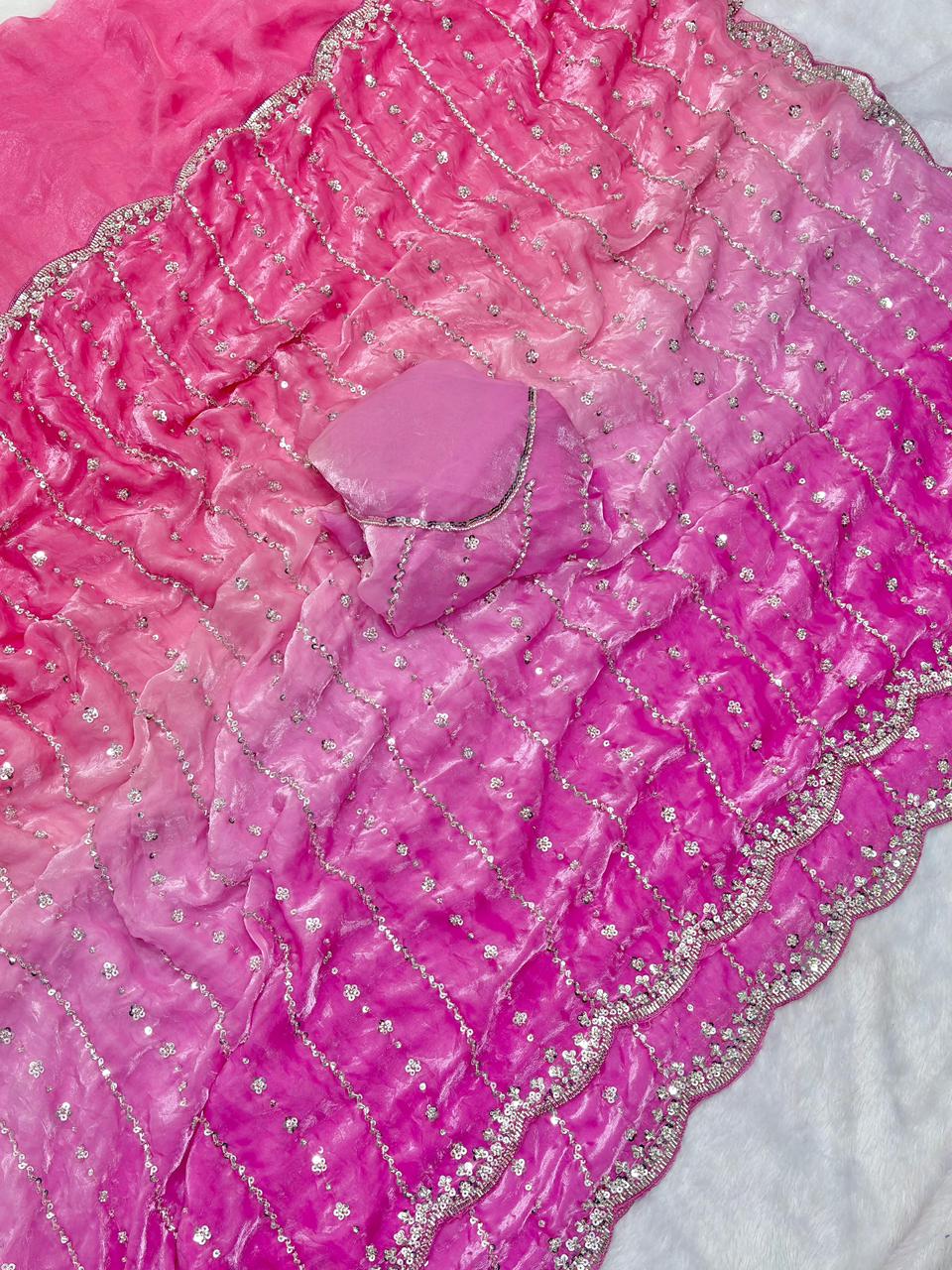 Pure Double shade Fandy Sattin Silk With Beautiful Original Beeds Work Saree