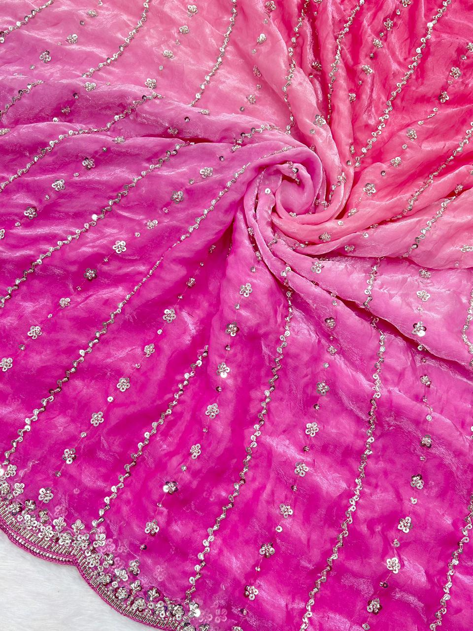 Pure Double shade Fandy Sattin Silk With Beautiful Original Beeds Work Saree