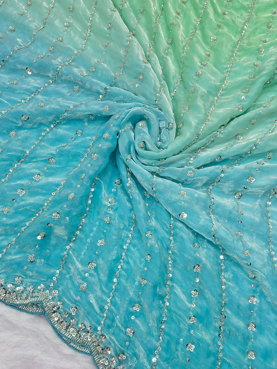 Pure Double shade Fandy Sattin Silk With Beautiful Original Beeds Work Saree