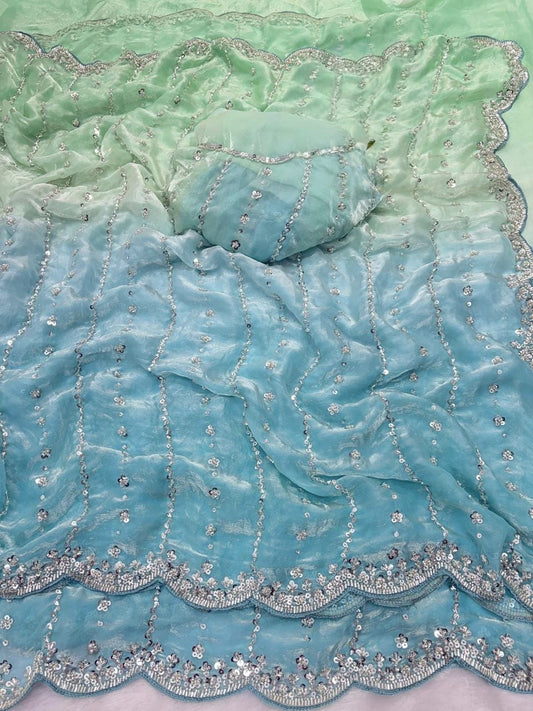 Pure Double shade Fandy Sattin Silk With Beautiful Original Beeds Work Saree