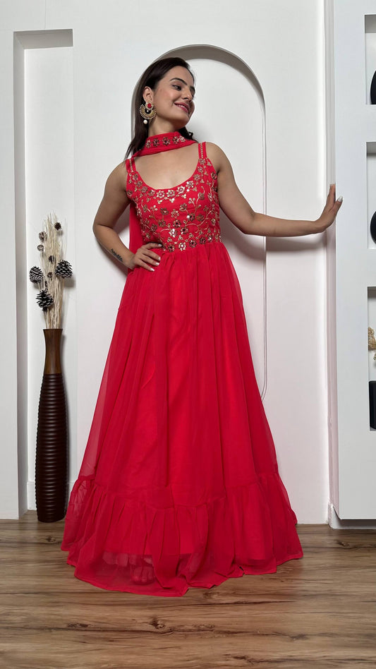 Georgette gown with sequins zari & real mirror work gown