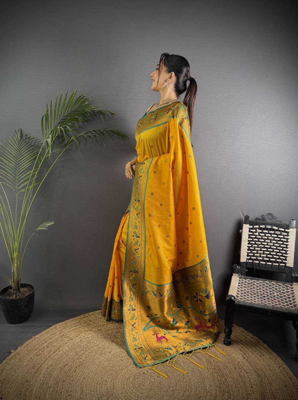 Beautiful pure soft banarasi silk with peacock & deer designer Pallu Saree