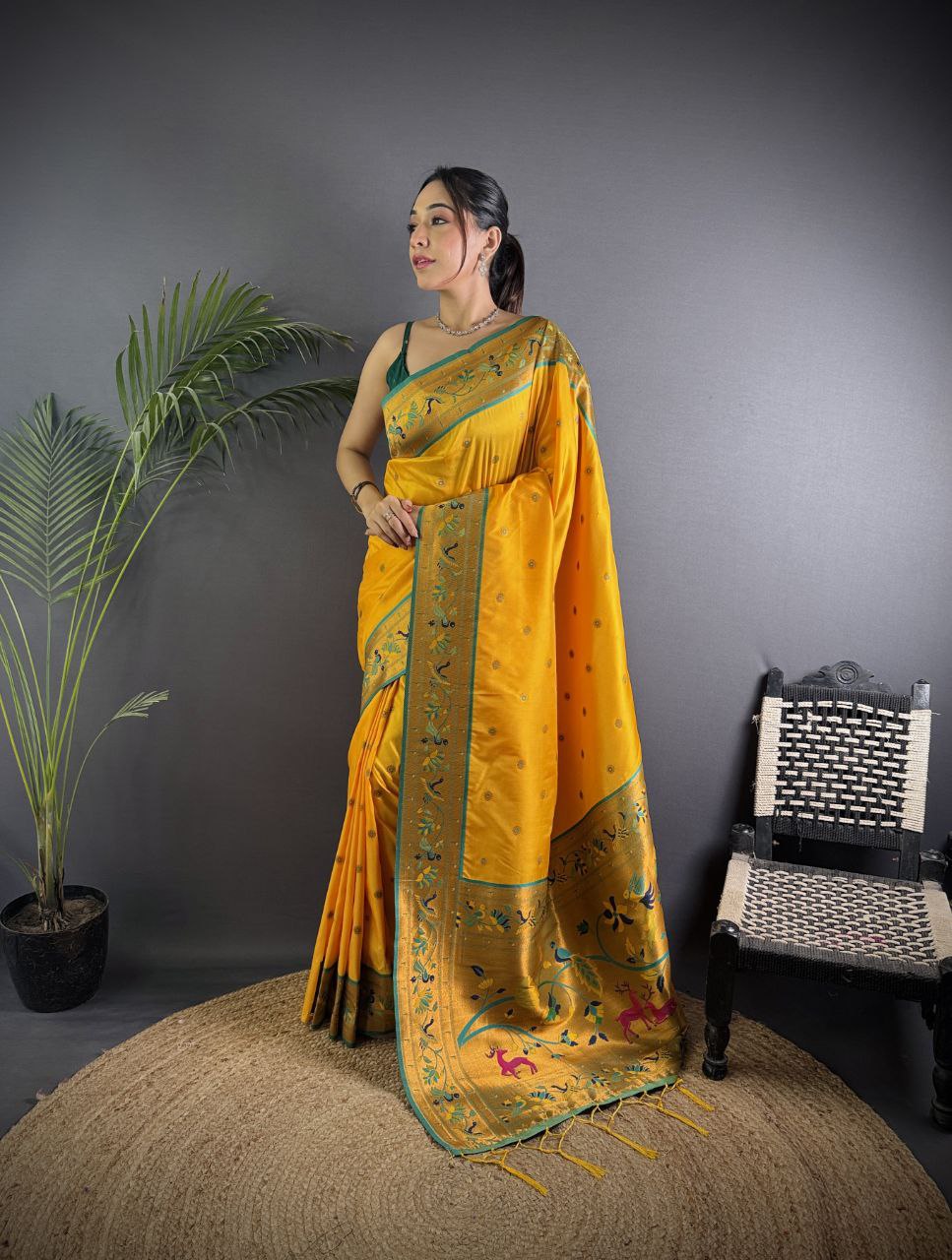 Beautiful pure soft banarasi silk with peacock & deer designer Pallu Saree