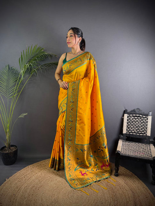 Beautiful pure soft banarasi silk with peacock & deer designer Pallu Saree