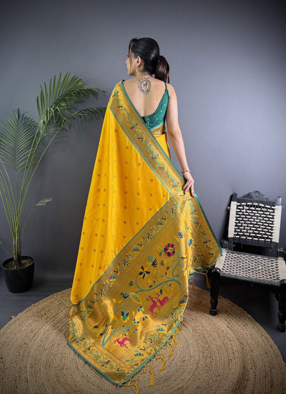 Beautiful pure soft banarasi silk with peacock & deer designer Pallu Saree