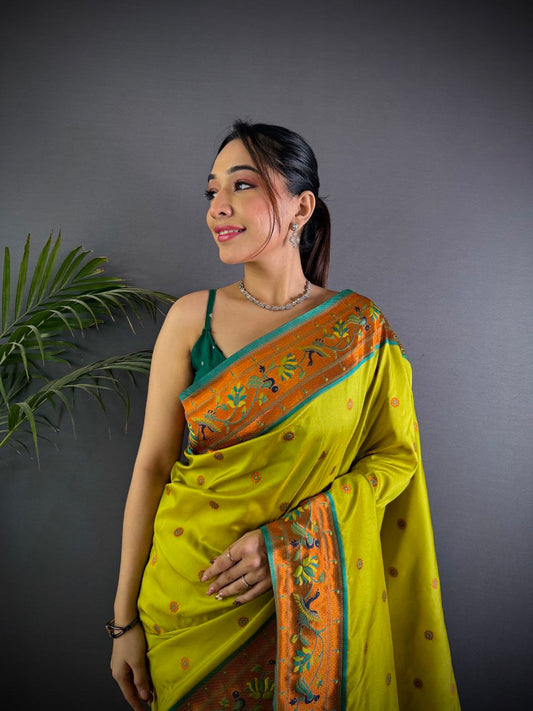 Beautiful pure soft banarasi silk with peacock & deer designer Pallu Saree