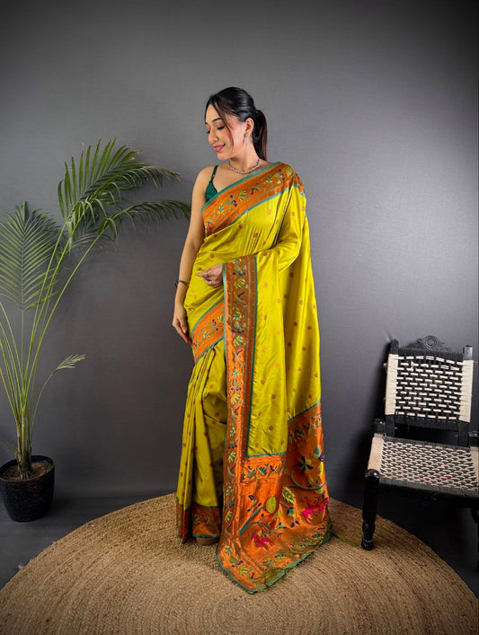 Beautiful pure soft banarasi silk with peacock & deer designer Pallu Saree