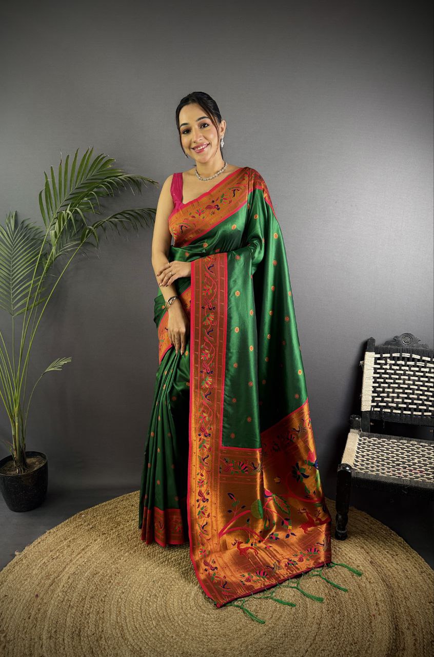 Beautiful pure soft banarasi silk with peacock & deer designer Pallu Saree