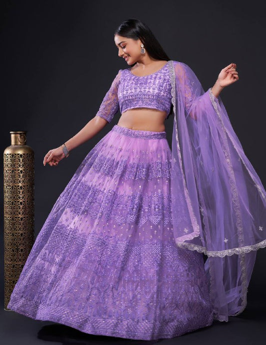 Net lehnga with thread zari & sequence work
