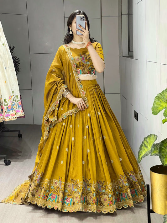 Dazzle in our embroidered Musturd Haldi Yellow lehenga