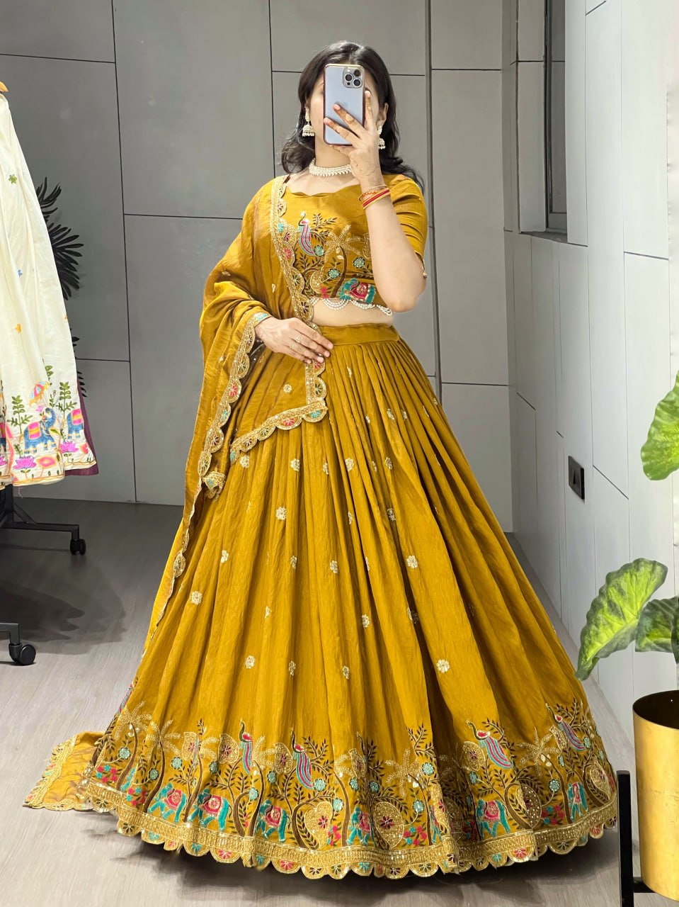Dazzle in our embroidered Musturd Haldi Yellow lehenga