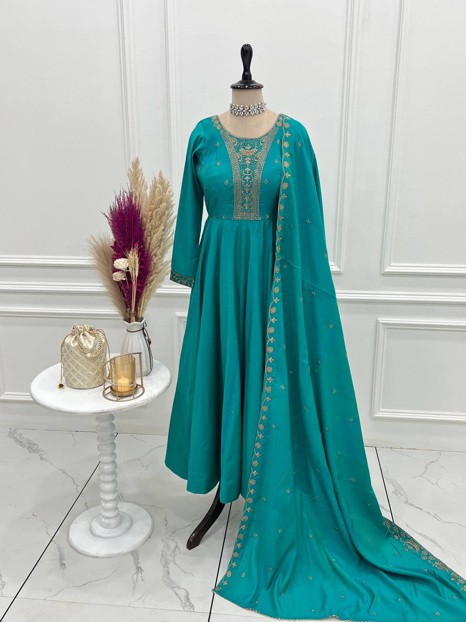 HEAVY PURE ROMAN SHIMMER CHANDERI SILK FABRIC GOWN