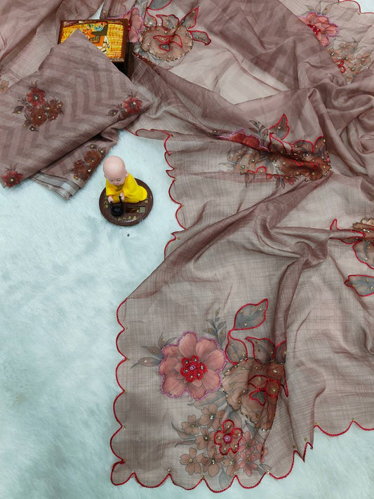 Pure Soft tabby orgenza with digital print and Khatli work Saree