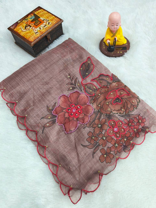 Pure Soft tabby orgenza with digital print and Khatli work Saree