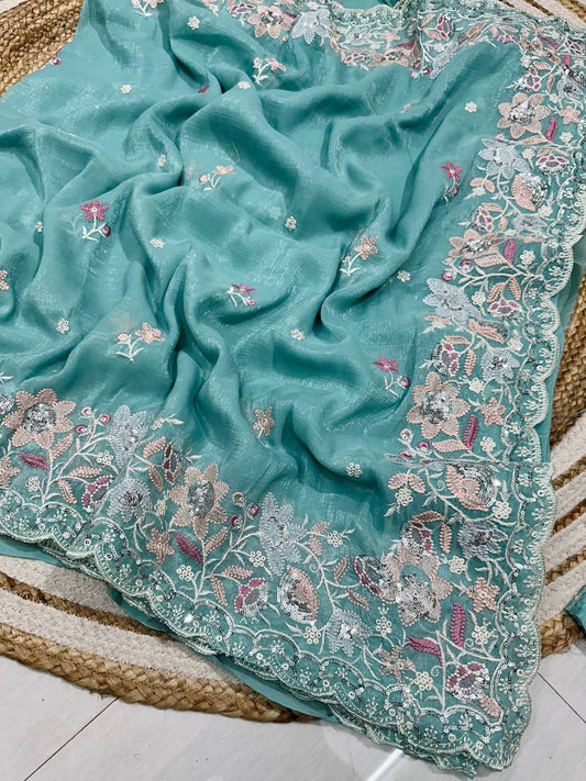 Soft Crunshy silk fabric with multi embroidered work Saree