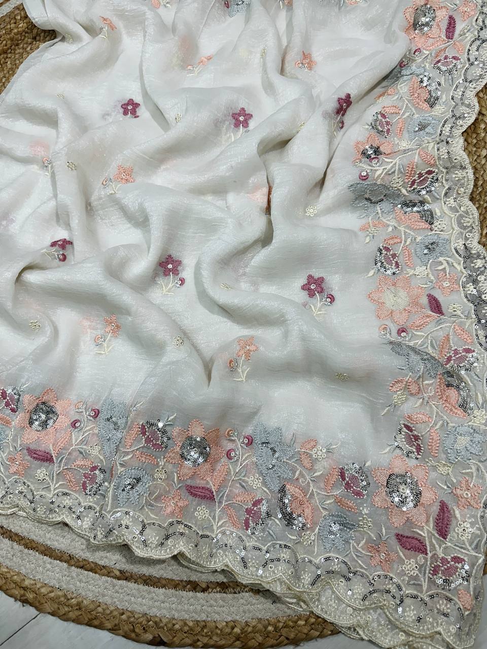 Soft Crunshy silk fabric with multi embroidered work Saree